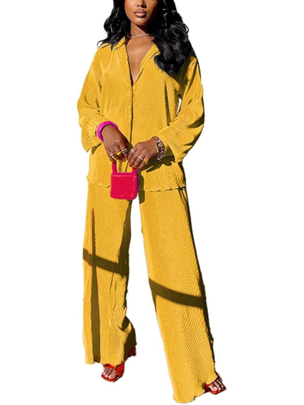 🆕Women's New Yellow Casual 2 Piece Outfit Linen Long Sleeve Button Down Shirt